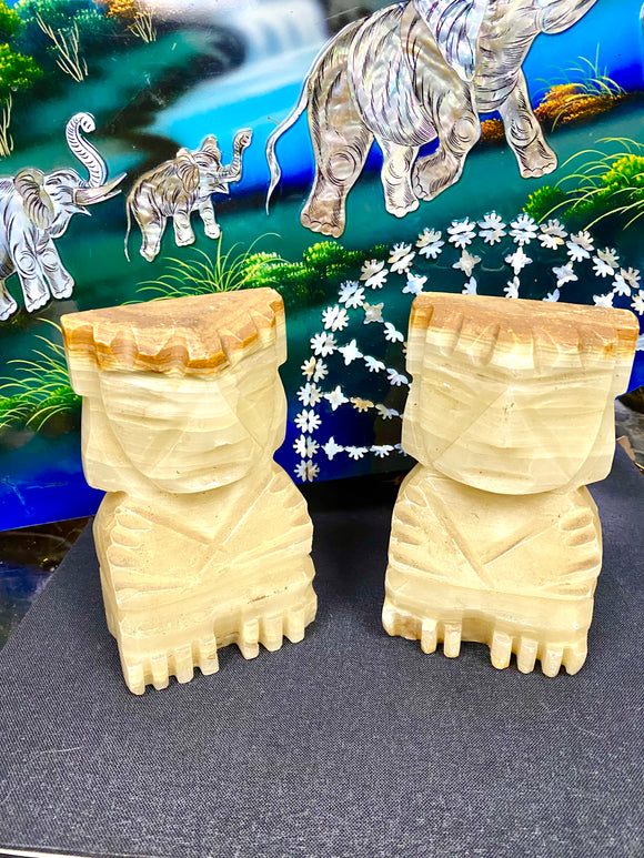 Set of 2 Aztec Mayan Tiki Carved Marble Onyx Stone Bookends