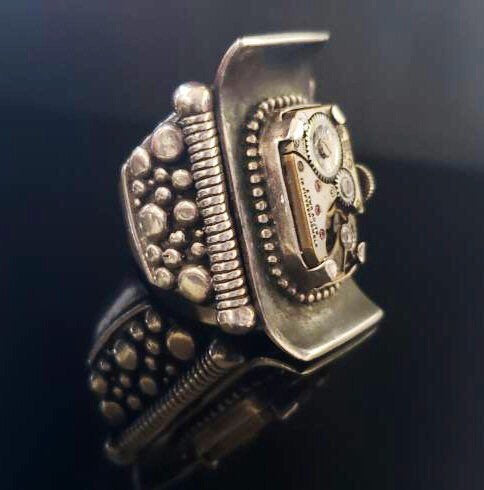 Handcrafted Steampunk Chunky Sterling Silver Saddle Ring Watch Size 8.75 Bootleg Jewelry Brand