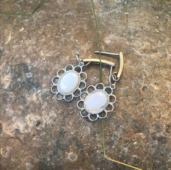 Signed Sterling Silver 925 White Opal Dangle Drop Floral Pierced Earrings