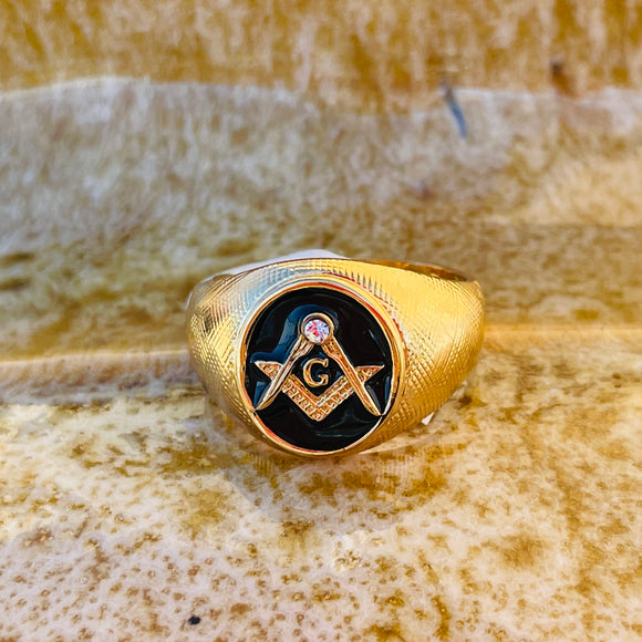 Freemason G Masonic Black & Gold Tone Cubic Zirconia Mens Ring Size 13.75-14