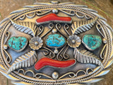 Sterling Silver 925 Native American Turquoise Coral Floral Belt Buckle 134.22g