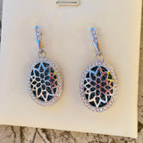Mandala Silver Tone Blue & Clear CZ Rhinestone Floral Dangle Pierced Earrings
