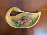 Vintage Hand Crafted Wood Carved Wooden Duck Swan Bird Flower Tray Dish Art