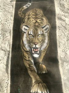 Antique Vintage Asian Tiger Original Painting on Silk Signed Hand Painted Art