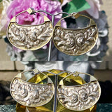Antique Signed 900 Fine Silver & Gold 2 Tone Repousse Floral Pierced Earrings
