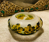 Antique Vintage Cameo Art Glass Floral Green Yellow Flower Motif Ashtray