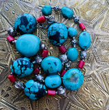 Sterling Silver 925 Beaded Dyed Coral & Turquoise Chunky Stone Bead Necklace