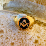 Freemason G Masonic Black & Gold Tone Cubic Zirconia Mens Ring Size 13.75-14