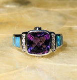Sterling Silver 925 Faceted Purple Amethyst + Opal Inlaid Signed AK Ring