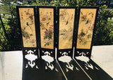 Antique Japanese Four Panel Signed Hand Painted Wood Carved Folding Screen