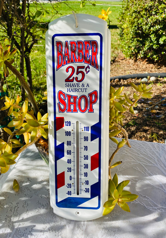 Metal 25 Cent Barber Shop Shave & Hair Cut Working Thermometer Temperature Sign