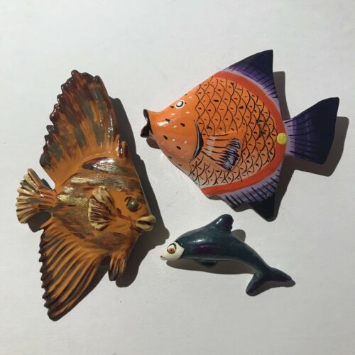 Rare Vintage Hand Painted Fish Pins Brooches Lot Of 3