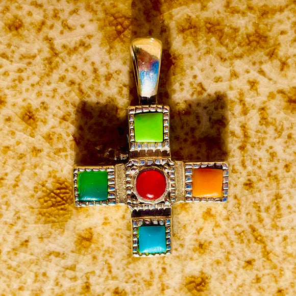 Vintage Sterling Silver 925 Multi Stone Petite Colorful Cross Pendant 5.1g