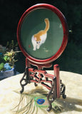 Rare Vintage Cat Embroidered Silk Art Under Glass Chinese Cherry Wood Stand