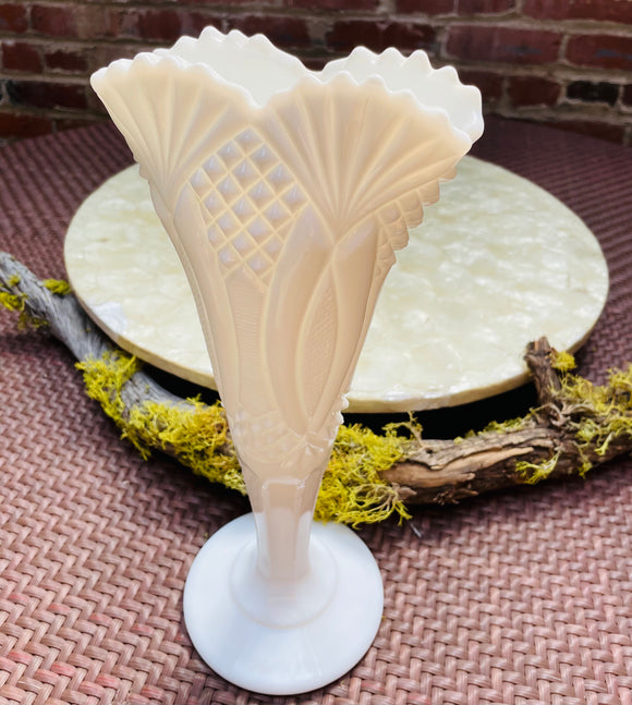 Vintage Ornate Milk Glass Tall White Flower Narrow Hobnail Unique Decor Vase