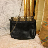 Vintage Authentic Ecoté Petite Black Magnetic Purse W Gold Sequins & Chain Strap