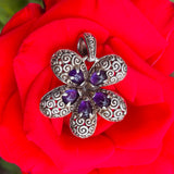 Vintage Sterling Silver 925 Amethyst Ornate Signed NV Flower Floral Pendant 5.9g