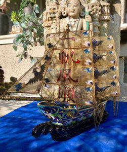 Large Cloisonne Gilt Bird Sailboat Ship Boat Vessel Statue