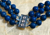 Vintage Hand Knotted Blue Lapis Lazuli Stone Beaded 3 Row Necklace Earring Set