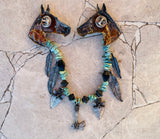 Southwestern Horse Head Feather Arrowhead Charm Turquoise Stone Bead Pin Brooch