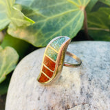 Sterling Silver Signed 925 Mosaic Long S Turquoise Stone Coral Ring Size 6.5
