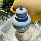 Vintage Signed Japanese Blue Gold Tone Floral Porcelain Vase Jar Urn W Lid Japan
