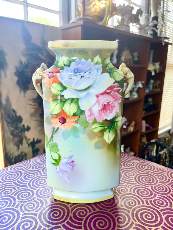 Vintage Porcelain Hand Painted Nippon Floral Decorative Porcelain w Handles Vase