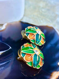 Joan Rivers Signed Green Enamel Flower Gold Tone Rhinestone Pierced Earrings