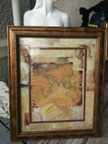 Vintage World Map Gold Tone Matted Framed Mixed Media Art