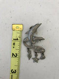 Vintage Signed LCD Silver Pewter Metal Dolphins Waves StarFish Shells Pin Brooch