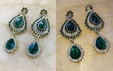 Beautiful Green + White Rhinestone Goldtone Necklace + Earrings Jewelry Set