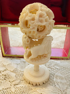 Antique Asian Ornate Hand Carved White Resin Spinning Lion Figurine Art in Box
