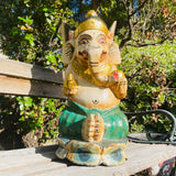 Antique Hand Made Painted Wood Carved Ganesh Elephant Spiritual Relic Art Figure