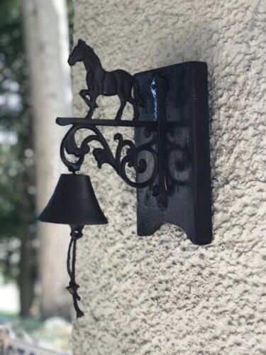 Vintage Artisan Handcrafted Metal Horse Hanging Bell Wall Decor Mounted on Wood