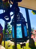 Hanging Lantern Moroccan Metal with Blue Embossed Glass Home & Garden Decor
