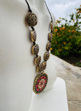 Vintage Artisan Metal Gold Tone Red Mandala Bead Necklace