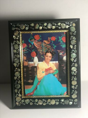 Vintage Korean Black Lacquer Mother Of Pearl Inlay Picture Frame