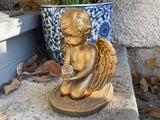 Antique Two Pc Gold Tone Ceramic Angel Cherub Baby Wings Holding Crystal Figure