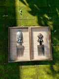 Vintage African Tribal Primitive Hand Carved Wooden Hair Combs In Shadow Box Set