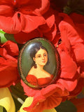 Vintage Signed Russian Hand Painted Woman Cameo Wood Lacquer Pin Brooch Portrait