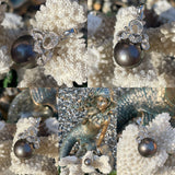14K White Gold Signed 585 Black Tahitian Pearl with Diamond Stones Pendant 5.7g+