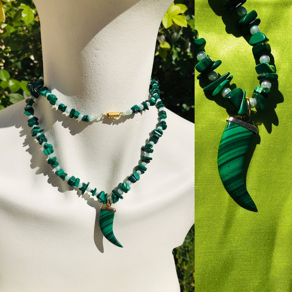 Artisan Malachite Faux Pearl Green Gem Stone Carved Horn Beaded Long Necklace