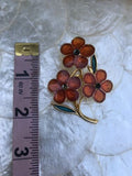 Vintage Enameled Spinning Rotating 3 Flowers Pin Orange And Gold Tone Brooch