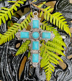 Large 3.5" Silver Tone Blue Faux Turquoise Stone Religious Cross Fashion Pendant