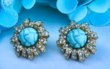 Vintage Kenneth Jay Lane KJL Gold Tone Rhinestone Blue Stone Pierced Earrings