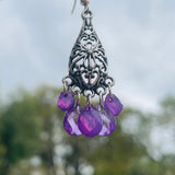 *Silver Tone Purple Beaded Floral Dangle Drop Pierced Fashion Earrings
