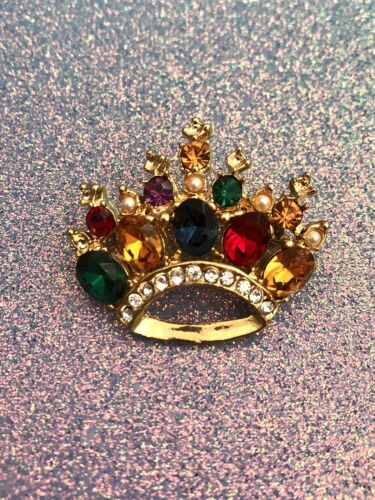 Vintage Royal Gold Tone Crown Multicolor Rhinestones Pin Brooch