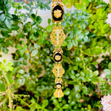 Vintage Black & Gold Tone Filigree Ornate Floral Rose Rhinestone Link Bracelet