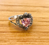 Vintage Sterling Silver 925 Marcasite Pink Rose Quartz Stone Heart Ring Size 7.5