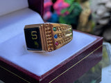 Vintage 14K Gold Plated Multi Gem Stone Black S Custom Mens Ring Size 9.75 w Box